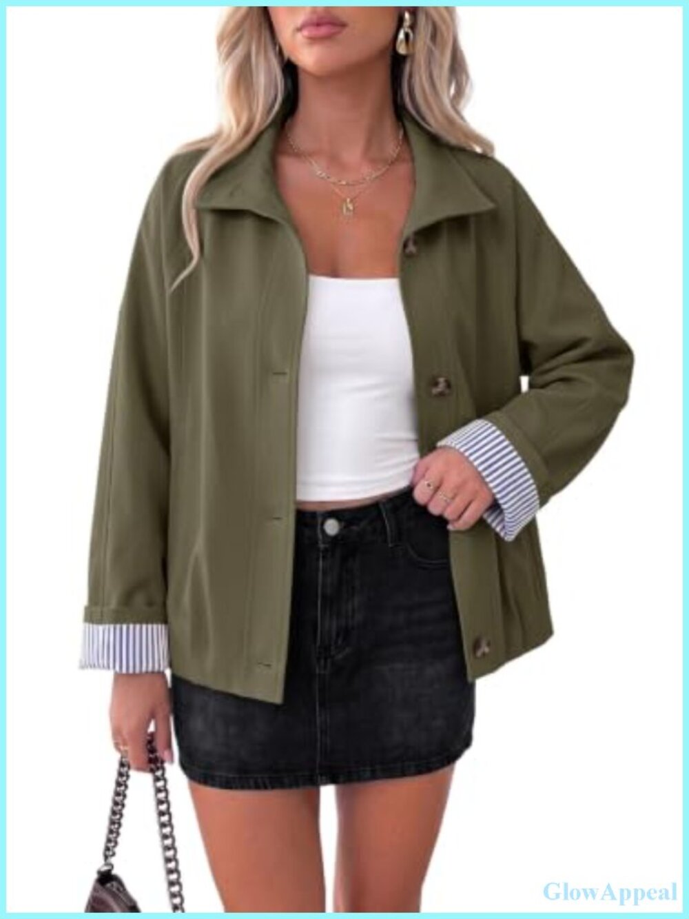 Cropped Trench Coat Lightweight Casual Women's Oversized Jacket with Striped